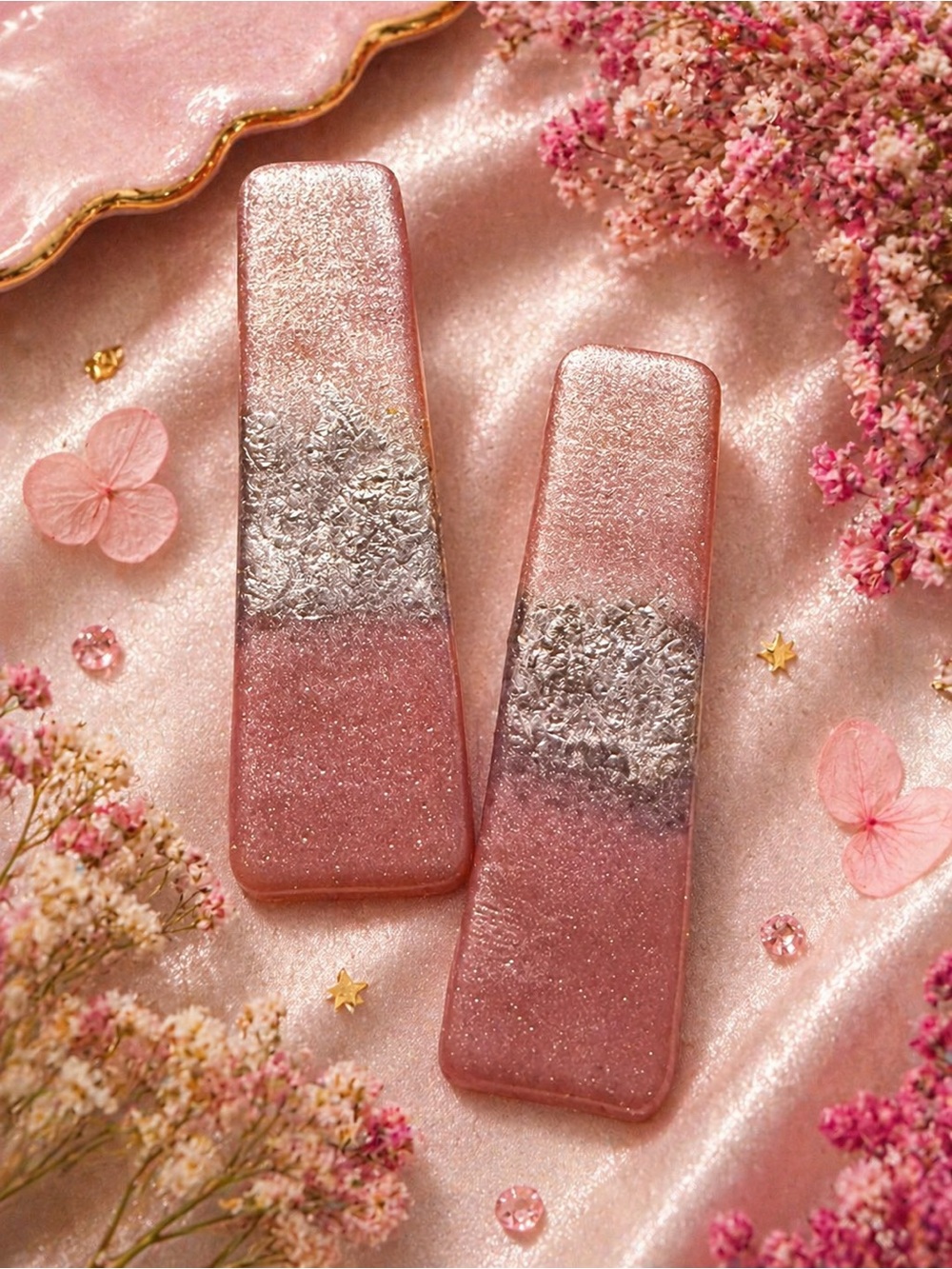Rose Pink Handmade Polymer Clay Earrings with Silver Leaf Accent
